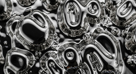 Aufkleber - Close-up of a reflective, metallic surface with flowing, abstract shapes and air bubbles, creating a dynamic and textured appearance, showcasing a modern and elegant design