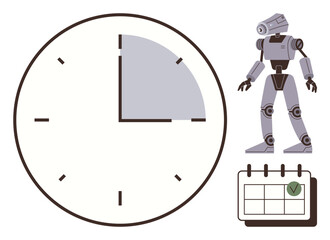 Poster - Robot beside a large clock and calendar with a checked date. Represents time management, automation, and planning. Ideal for productivity, robotics, scheduling, time tracking, AI deadlines simple