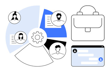 Poster - Gear with pie chart tracks collaboration, connected to user profiles, document icons, briefcase, chat feature. Ideal for teamwork, workflow, business planning, data analysis HR networking simple