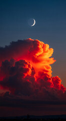 Poster - Fiery red and dark cloudscape at sunset, crescent moon visible in the upper right corner, showcasing dramatic natural beauty, evoking feelings of awe and wonder