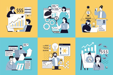 Poster - Business technology concept of social media banners set for web design. People analyzing finance data, planning strategy, investing, earning money, brainstorming, meeting online. Vector illustrations.