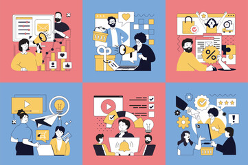 Fototapete - Digital content marketing concept of social media banners set for web design. People making internet advertising, online promotion for attracting clients, offering bonus, gifts. Vector illustrations.