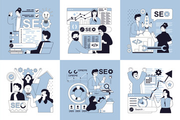 Fototapete - Seo optimization concept of social media banners set for web design. People research website traffic data, finding query in browser, selecting keywords, optimizes site metrics. Vector illustrations.