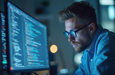 Poster - Programmer wearing glasses analyzes data on computer screen displaying code. Focuses on cybersecurity research with glowing lines of html script. Nighttime office setting with programmer working on