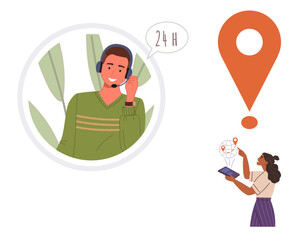 Poster - Person in headset provides 247 customer support. Woman interacts with tablet showcasing location pin. Ideal for customer service, logistics, technology, helpline, navigation, accessibility, global