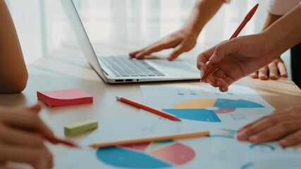 Poster - Startup company employee working together using laptop analyzing BI dashboard paper on financial data report and planning strategic marketing for creative business success in panorama video. Synergic