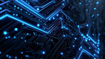 Close-up of a glowing blue digital circuit board with futuristic neon lines and connections. Concept of technology, innovation and electronic infrastructure
