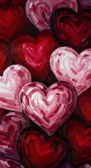 Poster - Impasto-style painting of red and pink hearts, showcasing textured brushstrokes, symbolizing love, romance, and Valentine's Day