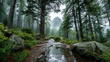   In the heart of a dense forest lies a serene stream, encircled by towering trees and jagged rocks The hazy sky above adds to the enchanting atmosphere