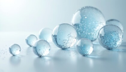 Poster - Abstract spheres with liquid, particles create clean, modern scientific graphic background. Suitable for medical, pharmaceutical, technological presentations, design features futuristic,