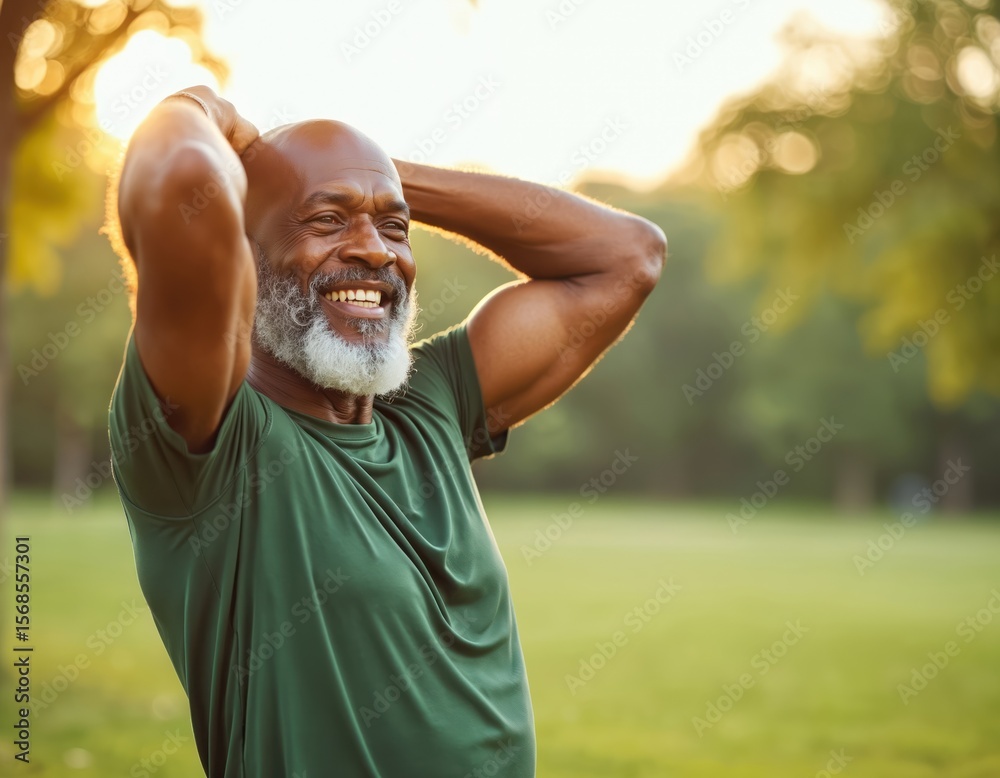 Senior Black man smiles outdoors in park enjoying summer sun after exercise.  Fit man stretches in retirement, embracing healthy lifestyle and wellness.  Energetic, happy, active person in nature. Stock Photo | Adobe