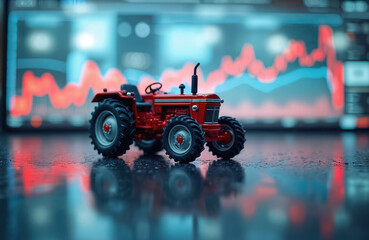 Poster - Red tractor on reflective surface with stock data charts. Represents agriculture investment, financial analysis, economic growth, market trends. Modern technology meets industrial equipment for