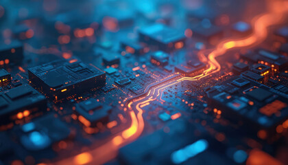 Fototapete - Abstract visualization of glowing data streams on circuit board. Intricate electronic components, pathways illuminated with blue, orange light, suggesting digital information flow, technological