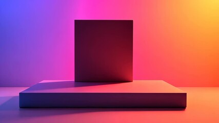 Fototapete - Illuminated Geometric Forms: A minimalist composition features a square platform with a square cube, bathed in a vibrant gradient of colored light.