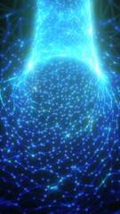 Poster - Futuristic digital structure made of glowing blue interconnected nodes and lines, forming a complex network