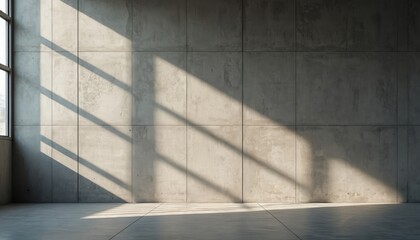 Poster - Sunlight creates geometric shadows on concrete wall and floor in empty room. Industrial interior design with textured grey panels and clean lines. Modern minimalist space, no people, bright daylight.