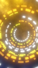 Poster - Abstract glowing spiral of digital orange, yellow, and white blocks on a smoky background, representing technology and energy flow