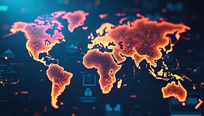 Poster - Global digital network, world map glowing with orange light. Secure cross-border payment system, e-business transactions, money transfer. Modern tech concept, cyberspace connections, financial