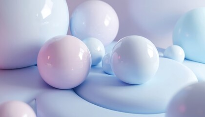 Aufkleber - Abstract 3D background featuring smooth pastel spheres in blue, purple, pink hues. Soft gradients, gentle lighting create calming, minimalist aesthetic. Perfect for modern graphic design, digital art.