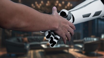 Poster - This video depicts a human hand and a robotic hand interacting over a digital e-commerce interface, showcasing shopping cart icons and modern technology elements in a sophisticated setting. Auvana