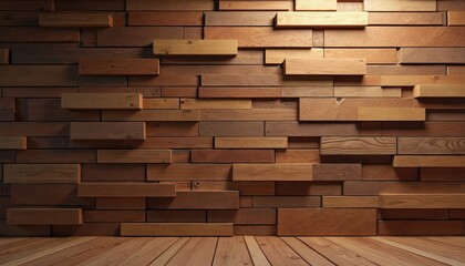 Poster - Wood block wall pattern background with varied wood tones, textures. Geometric arrangement of rectangular panels creates modern, three-dimensional effect. Natural wood surface complements interior