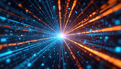 Fototapete - Abstract digital technology background with glowing blue, orange lines, particles, creating sense of fast data connection, futuristic cyberspace. Lines converge towards bright center, information