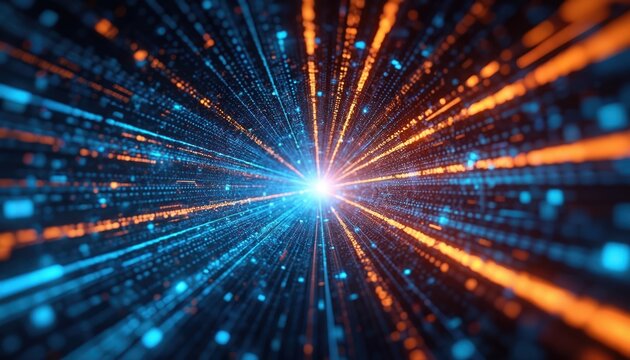Abstract digital technology background with glowing blue, orange lines, particles, creating sense of fast data connection, futuristic cyberspace. Lines converge towards bright center, information