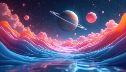 Poster - Surreal cosmic landscape with vibrant pink, blue fluid waves under starry sky. Ringed planet, pink moons float in soft clouds. Digital artwork, fantasy theme, dreamlike atmosphere, imaginative design.