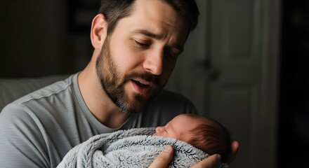 Fototapete - Father's day: dad holding his sleeping newborn baby.