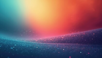 Aufkleber - Abstract gradient background featuring smooth, flowing waves of teal, orange, and pink hues. Tiny sparkling particles create a subtle bokeh effect, adding depth and texture.