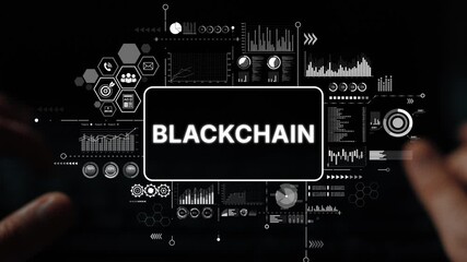 Fototapete - Hands Typing on Keyboard with Blockchain Concept and Data Analytics Graphics for Innovative Technology Solutions. Asymptotic smart data analytic.