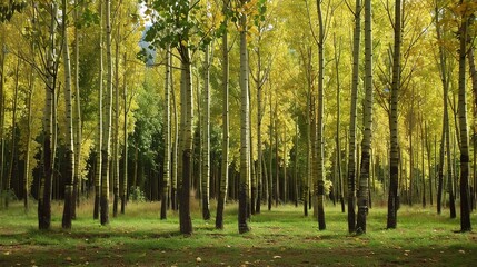 Close-up of a poplar tree with tall straight trunk, smooth gray bark, and triangular green leaves fluttering in the wind, thriving in a forest, park, or along a roadside under sunlight