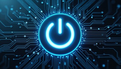 Poster - Bright blue glowing power button with circuitry pattern. Represents technology, energy, and innovation. Futuristic electronic design symbolizes activation, connection, and modern computing systems.