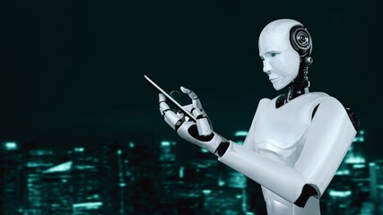 Poster - AI robot huminoid uses cloud computing technology to store data on online server . Futuristic concept of cloud information storage analyzed by machine learning process . 3D rendering .