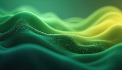 Poster - Digital waves of green, yellow light with subtle sparkling particles create futuristic abstract background. Smooth flowing pattern represents technology, data flow, communication, ideal for web