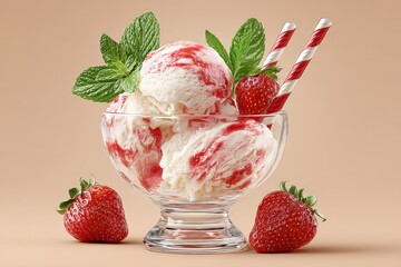Aufkleber - Delicious strawberry ice cream with fresh strawberries mint leaves and striped straws in a glass bowl on neutral background