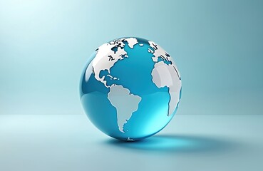 Poster - Shiny blue glass globe with white continents on light background. Education, geography, travel, global business. Clear copy space available. Ideal for learning materials, international trade, world