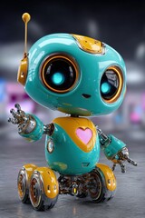 Poster - Adorable futuristic robotic toy with large expressive eyes colorful body and metallic limbs standing on a blurred background