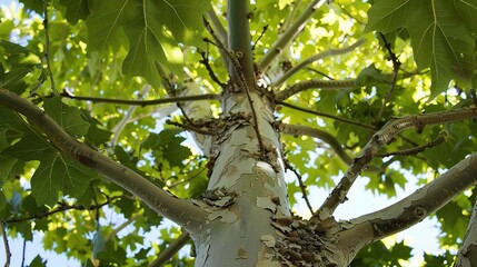close-up of a sycamore tree with large palmate leaves, distinctive patchy bark, and broad spreading 