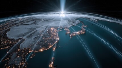 Aufkleber - Stunning digital illustration of Earth from space showing illuminated continents and glowing network connections across the globe at night