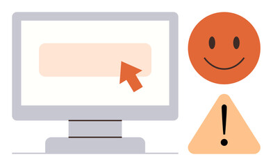 Poster - Computer screen with cursor hovering over a field, orange happy face, and triangle warning sign. Ideal for feedback, technology, user interaction, design, caution, notifications simple flat metaphor