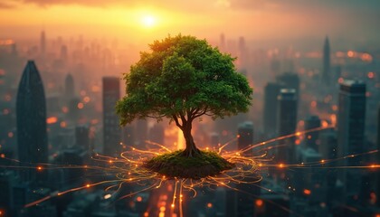 Poster - Green tree grows in futuristic cityscape, hope, growth. Abstract lines connect roots, suggesting digital network, communication. Image represents innovation, smart technology, environmental care