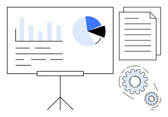 Poster - Bar graph, pie chart, written documents, and gears conveying analysis, report generation, teamwork, strategy planning, productivity research and innovation concepts. Simple flat metaphor