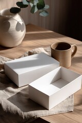 Poster - Elegant Minimalist Coffee Table Setting with White Storage Boxes, Ceramic Mug, and Green Plant in a Bright Modern Room