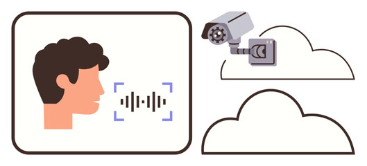 Poster - Profile of a person with voice waves, surveillance camera, connected clouds. Ideal for technology, AI, security, privacy concepts, cloud computing, digital communication smart systems simple flat