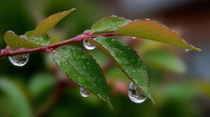 Poster - Close-up of fresh green leaves with water droplets on a vibrant garden plant du rainfall or morning dew