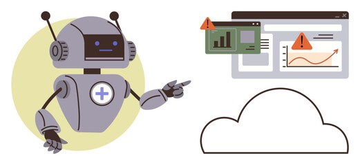 Poster - Robot pointing at warning notifications on analytics dashboard connected to cloud. Ideal for AI, automation, cybersecurity, data management, error detection, cloud computing, digital technology