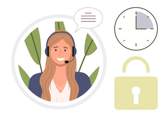 Poster - Smiling support agent with headset and speech bubble, clock representing time management, lock for security. Ideal for customer service, communication, support, time management, security