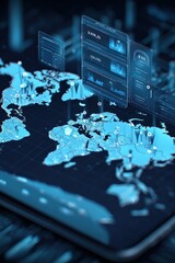 Poster - Futuristic Digital World Map with Global Data Analytics and Holographic Interface Showing Charts and Network Connections