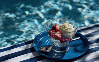 Aufkleber - Refreshing Ice Cream Dessert in a Glass with Fresh Strawberries on Striped Fabric Near Poolside Water for Summer Treats